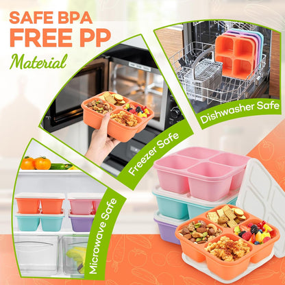 Bento Box Adult Lunch Box- 4 Pack,4 Compartment Snack Containers Reusable Meal Prep Stackable BPA-Free Lunch Containers for Home, Work, Travel (4 Color)