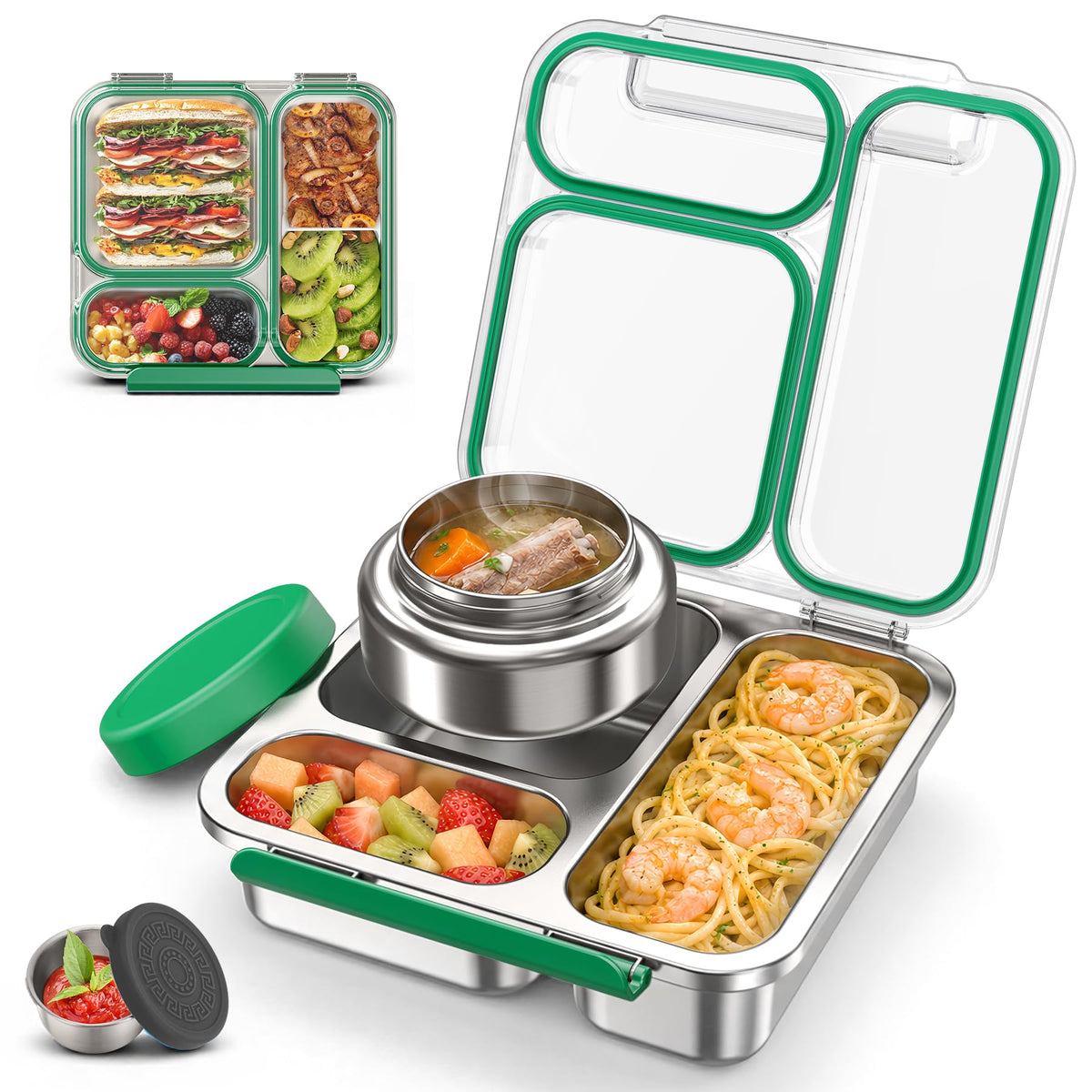 Stainless Steel Bento Box Kids Adult with 7oz Soup Thermo, Transparent Lid 3 Compartments Metal Bento Lunch Box with Insulated Food Jar,Lunch Box Container Sauce Cup for School,BPA-Free(Pink)