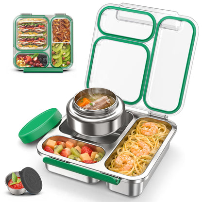 Stainless Steel Bento Box Kids Adult with 7oz Soup Thermo, Transparent Lid 3 Compartments Metal Bento Lunch Box with Insulated Food Jar,Lunch Box Container Sauce Cup for School,BPA-Free(Pink)