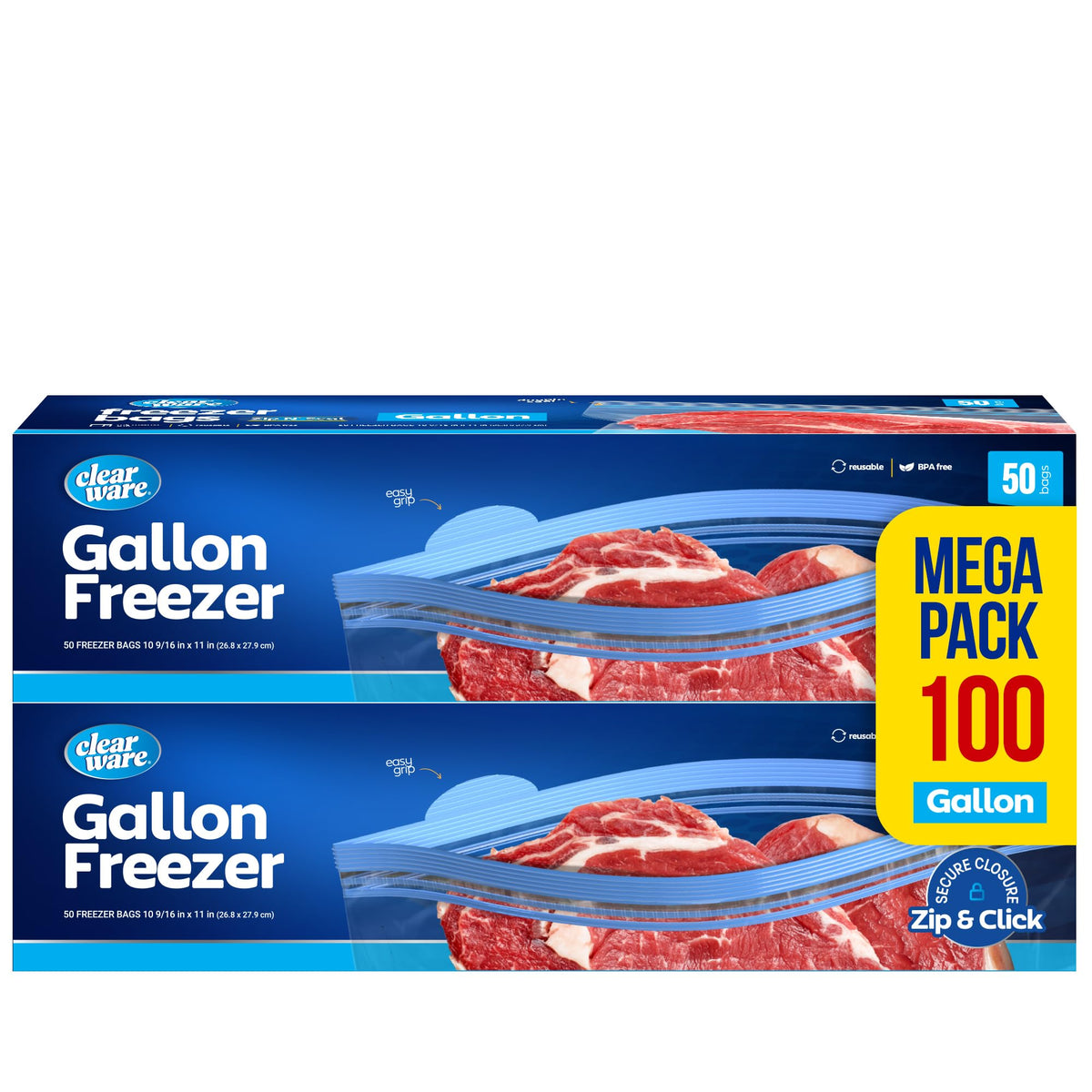 Gallon Freezer Bags, Double Zipper Seal - 100 Count, Thick Resealable Plastic storage Bags - Reusable Gallon Storage Bags for Food Storage, Meat, Vegetables, Fruit, BPA Free - 2 Boxes