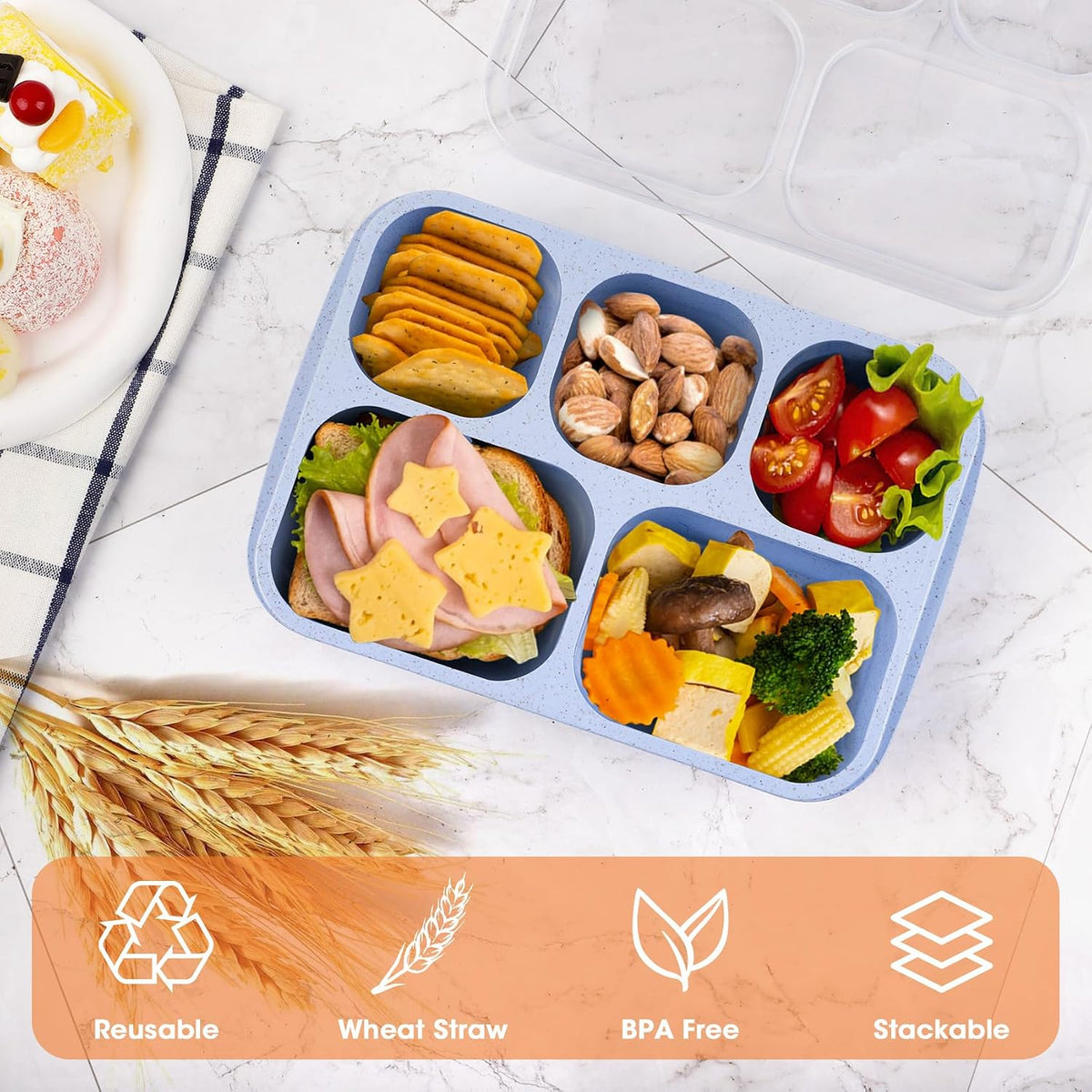 Korlon 6 Pack Bento Box Adult 5 Compartments, Reusable Lunchable Container