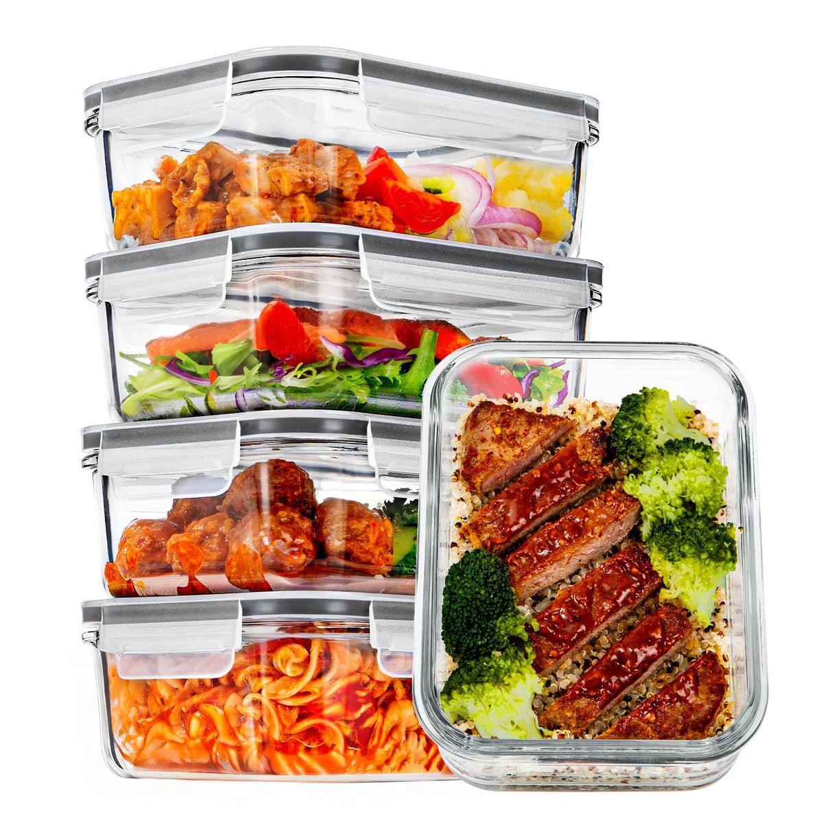 Vtopmart 5Pack 22oz Glass Storage Containers with Lids, Grey