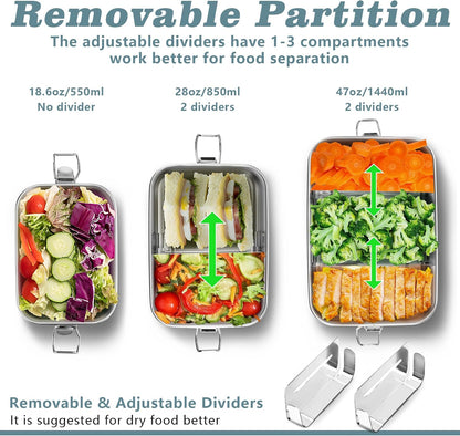 TeamFar Stainless Steel Bento Box, 3 Pack (18.6, 28 & 47oz) Metal Lunch Box