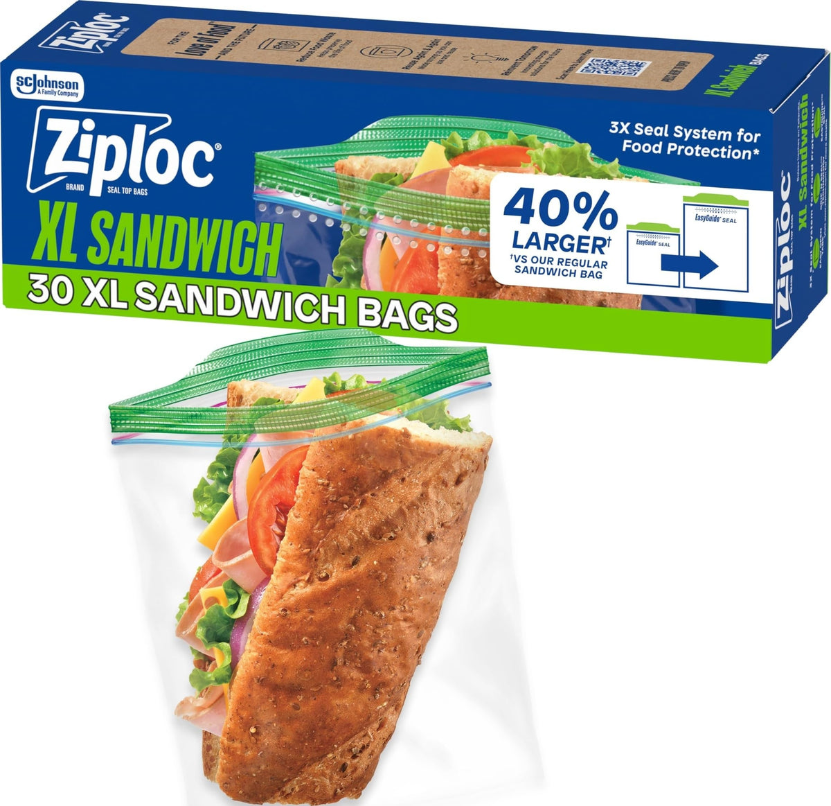 Ziploc XL Sandwich Bags, Food Storage, 90 Count (30 Count, 3-Pack)