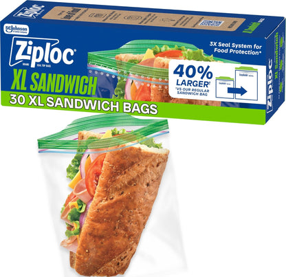 Ziploc XL Sandwich Bags, Food Storage, 90 Count (30 Count, 3-Pack)