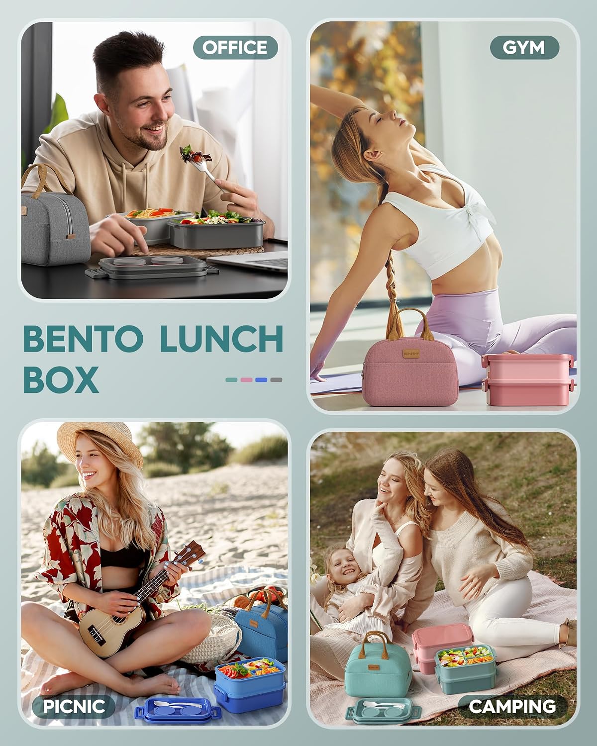 KEMETHY Adults Bento Lunch Box Set with Thermo Bag, 74oz Stackable Leak-proof 3-tiers Bento Box, Built-in Utensil and Sauce Container for Work, School, Dining Out (Green)
