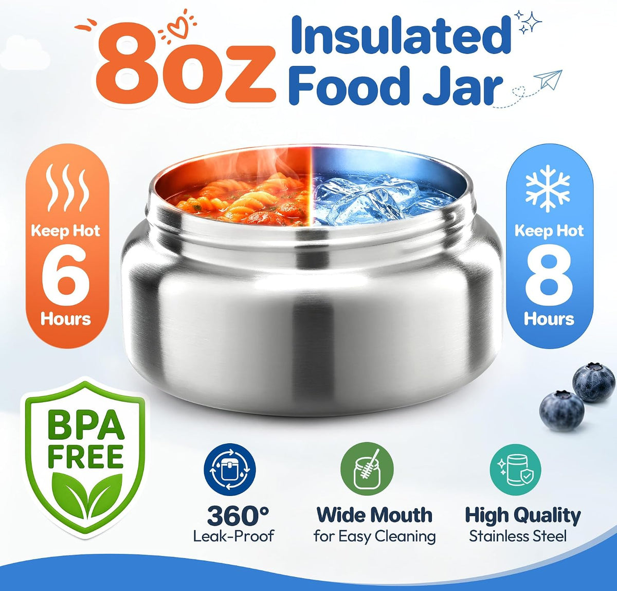 Bento Lunch Box Set for Kids with 8oz Soup Thermo, Leak-Proof Lunch Containers with 4 Compartment, Kids Thermo Hot Food Jar and Insulated Lunch Bag for Kid to School-Blue