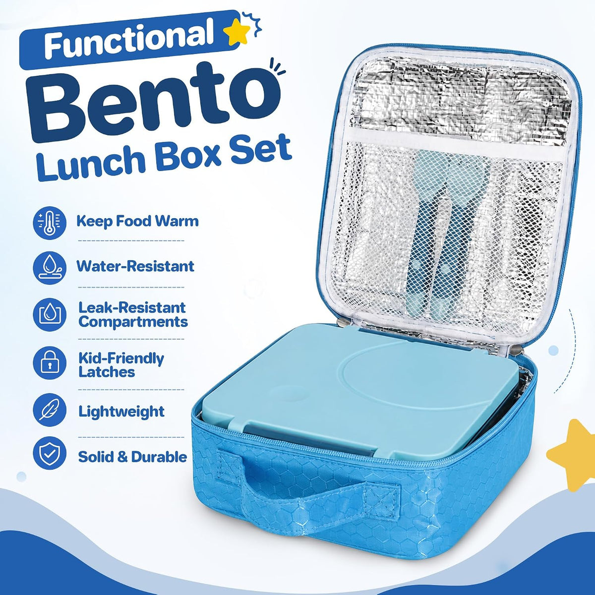 Bento Lunch Box Set for Kids with 8oz Soup Thermo, Leak-Proof Lunch Containers with 4 Compartment, Kids Thermo Hot Food Jar and Insulated Lunch Bag for Kid to School-Blue