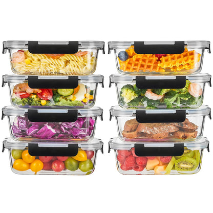 Liuruiyu 8 Pack Glass Food Storage Containers with Lids, Meal Prep Containers, Airtight Bento Boxes with Leak Proof Locking for Microwave, Oven, Freezer and Dishwasher, BPA Free