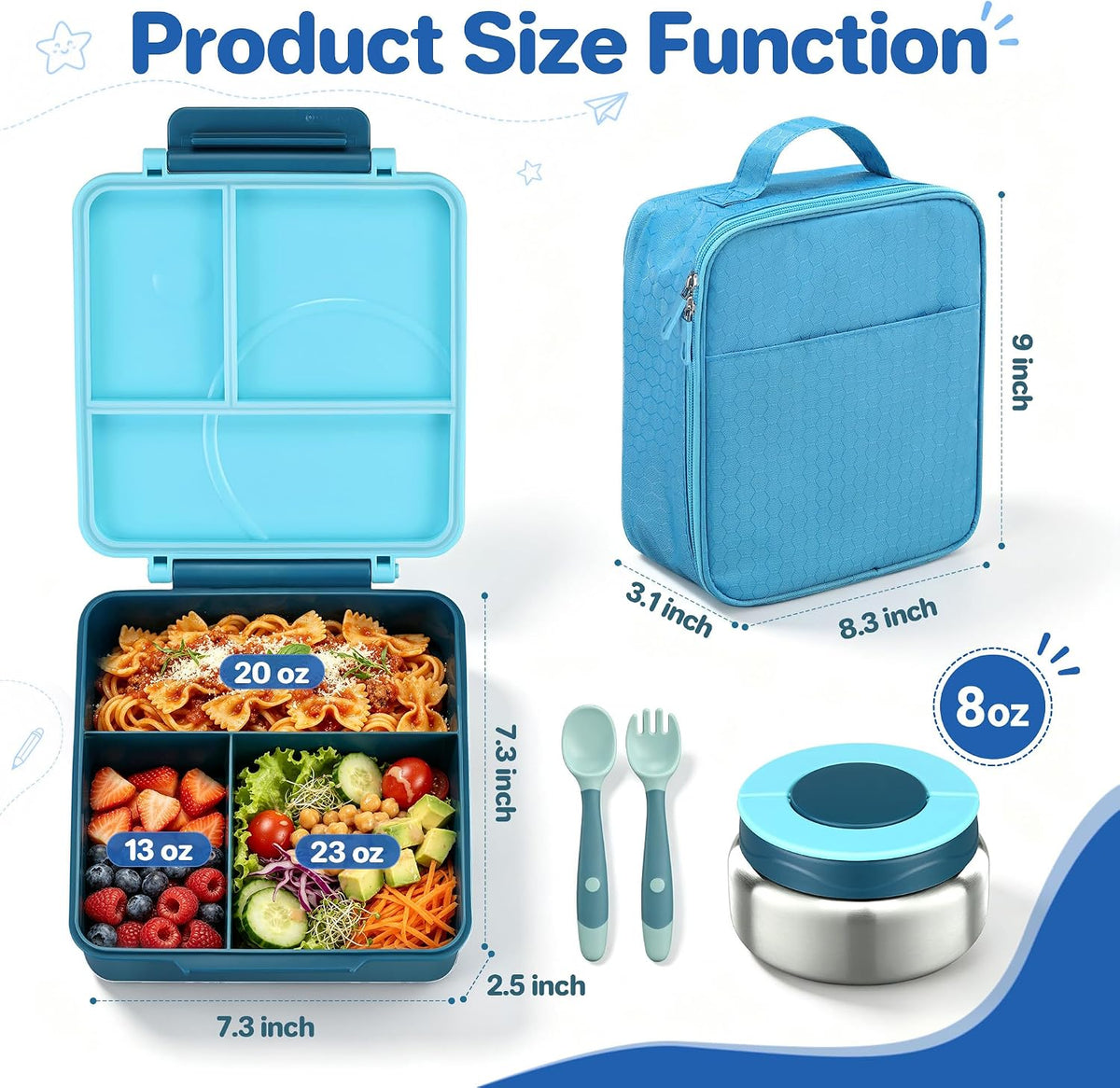 Bento Lunch Box Set for Kids with 8oz Soup Thermo, Leak-Proof Lunch Containers with 4 Compartment, Kids Thermo Hot Food Jar and Insulated Lunch Bag for Kid to School-Blue