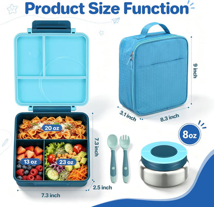 Bento Lunch Box Set for Kids with 8oz Soup Thermo, Leak-Proof Lunch Containers with 4 Compartment, Kids Thermo Hot Food Jar and Insulated Lunch Bag for Kid to School-Blue