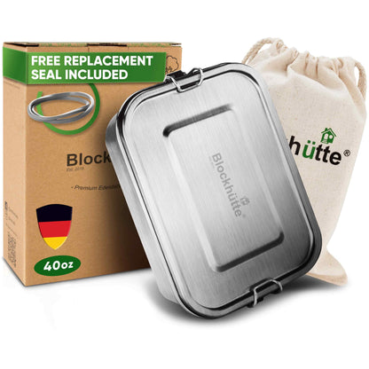Blockhütte Stainless Steel Lunch Box for Adults I 47oz I Bento Box 3 Compartments with free Sealing, Leak-Proof Container, Metal Lunchbox for Travel, Work, Eco-Friendly Meal Storage Solution