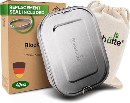 Blockhütte Stainless Steel Lunch Box for Adults I 47oz I Bento Box 3 Compartments with free Sealing, Leak-Proof Container, Metal Lunchbox for Travel, Work, Eco-Friendly Meal Storage Solution