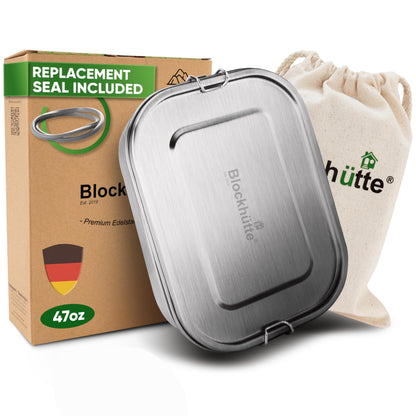 Blockhütte Stainless Steel Lunch Box for Adults I 47oz I Bento Box 3 Compartments with free Sealing, Leak-Proof Container, Metal Lunchbox for Travel, Work, Eco-Friendly Meal Storage Solution