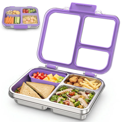 Stainless Steel Bento Box for Kids, 3-Compartment Metal Lunch Box with Clear Lid & Removable Silicone, Lunch Box Kids with Silicone Inner Container for Meal Prep, School, Office (Grey)