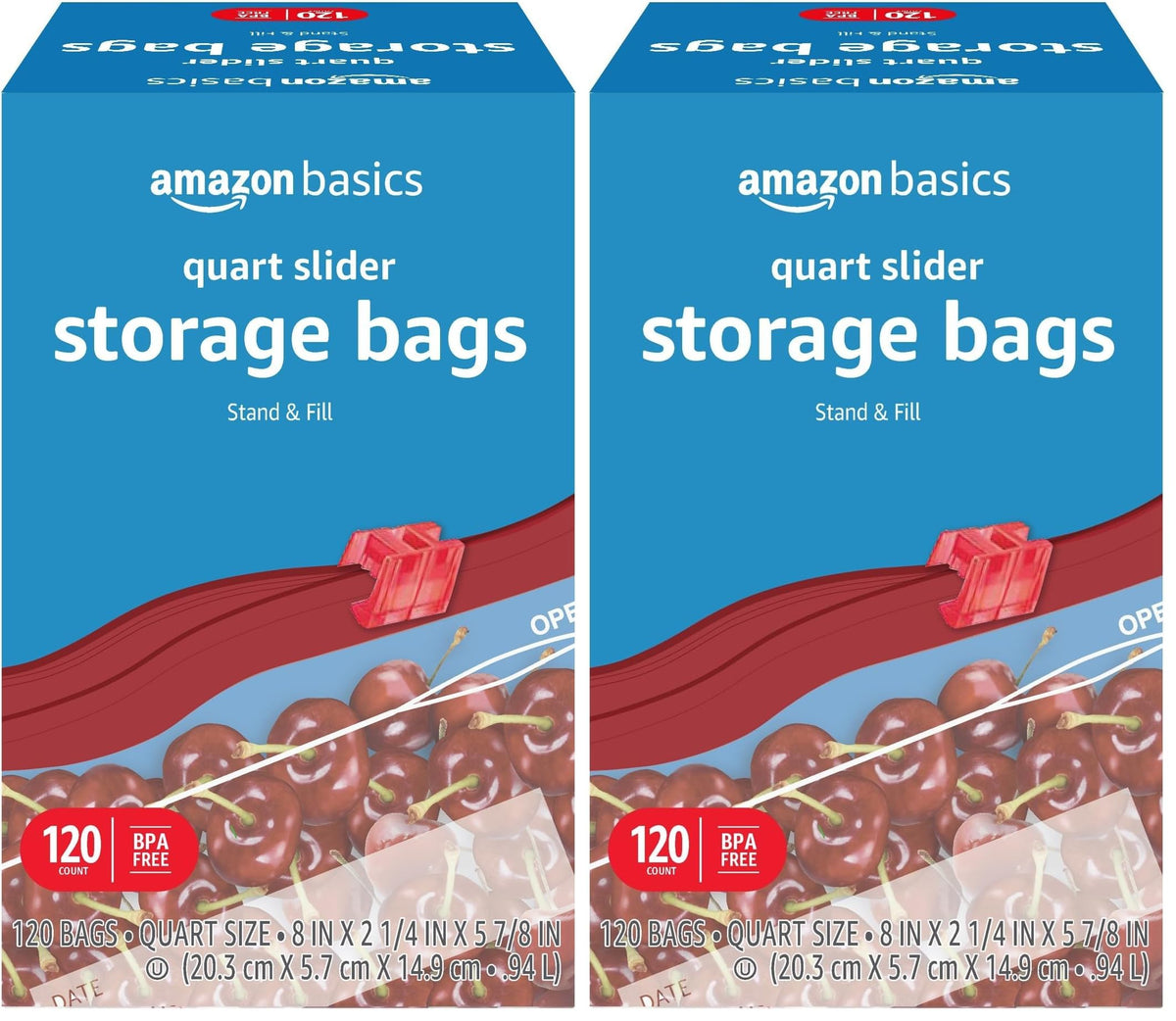 Amazon Basics Slider Quart Food Storage Bags with Stand-Up Bottom, Easy to Fill, BPA Free, 120 Count (Previously Solimo)