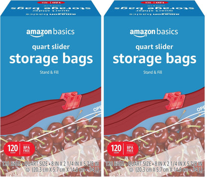 Amazon Basics Slider Quart Food Storage Bags with Stand-Up Bottom, Easy to Fill, BPA Free, 120 Count (Previously Solimo)