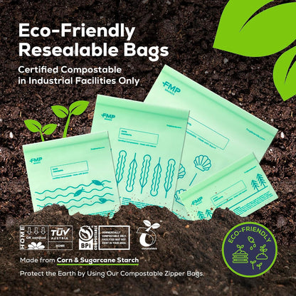 Fit Meal Prep 100% Compostable Food Storage Bags Set, Resealable Bags Plant-Based Freezer Bag for Food, ASTM D6400, US BPI & EU OK Compost Certified
