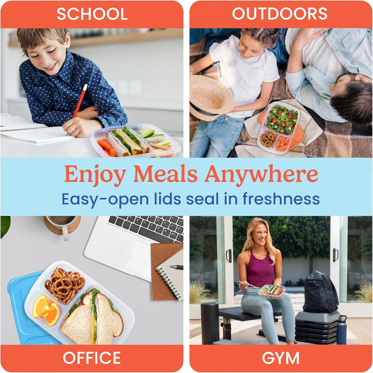 Bentgo Easyboxes - Original Stackable Lunch Boxes - Reusable 3-Compartment Food Containers for Kids and Adults - Bento Lunch Box for Meal Prep, School, & Work - BPA Free, Set of 4 (Classic)