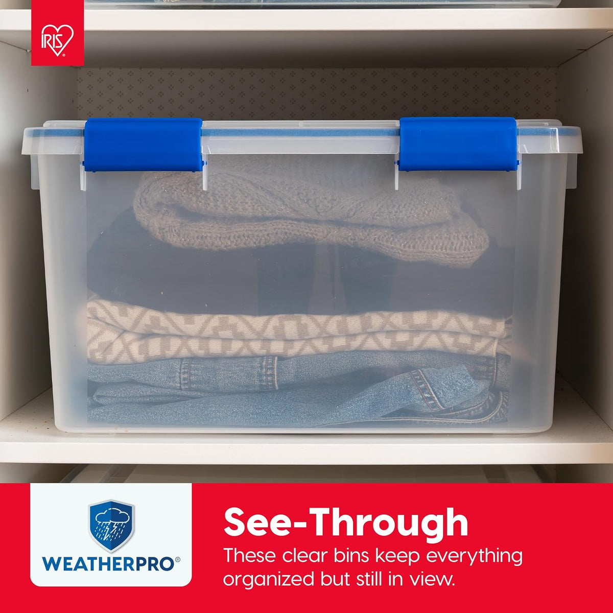 IRIS USA 3-Pack 16 Qt Storage Bins with Gasket Lids, Clear/Blue
