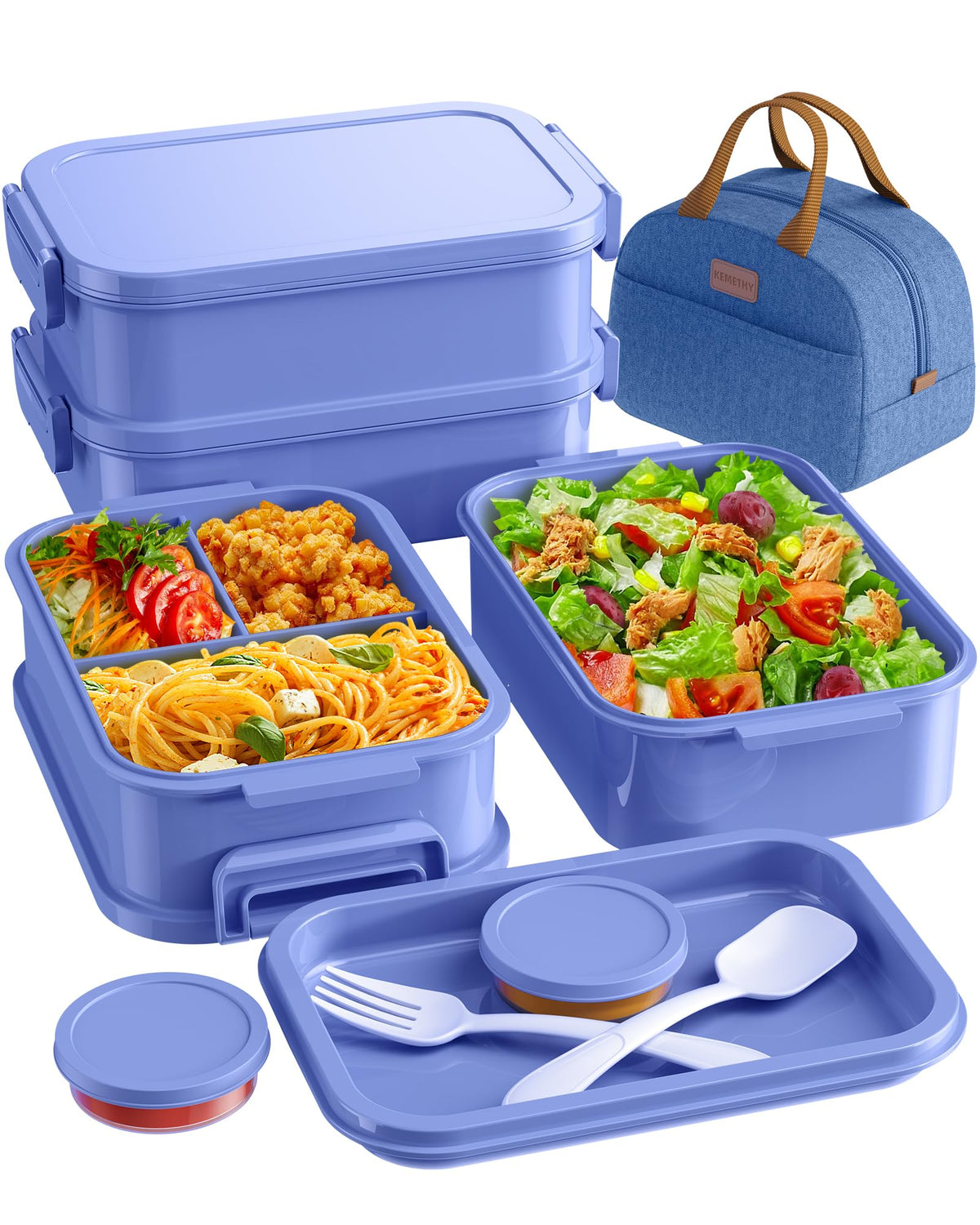 KEMETHY Adults Bento Lunch Box Set with Thermo Bag, 74oz Stackable Leak-proof 3-tiers Bento Box, Built-in Utensil and Sauce Container for Work, School, Dining Out (Green)