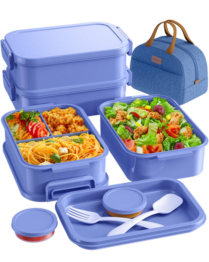 KEMETHY Adults Bento Lunch Box Set with Thermo Bag, 74oz Stackable Leak-proof 3-tiers Bento Box, Built-in Utensil and Sauce Container for Work, School, Dining Out (Green)
