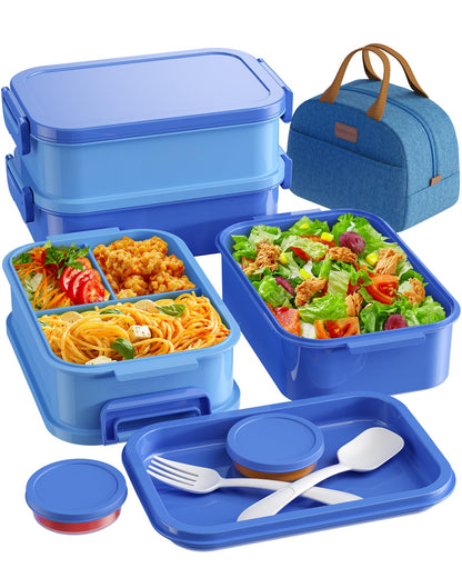 KEMETHY Adults Bento Lunch Box Set with Thermo Bag, 74oz Stackable Leak-proof 3-tiers Bento Box, Built-in Utensil and Sauce Container for Work, School, Dining Out (Green)