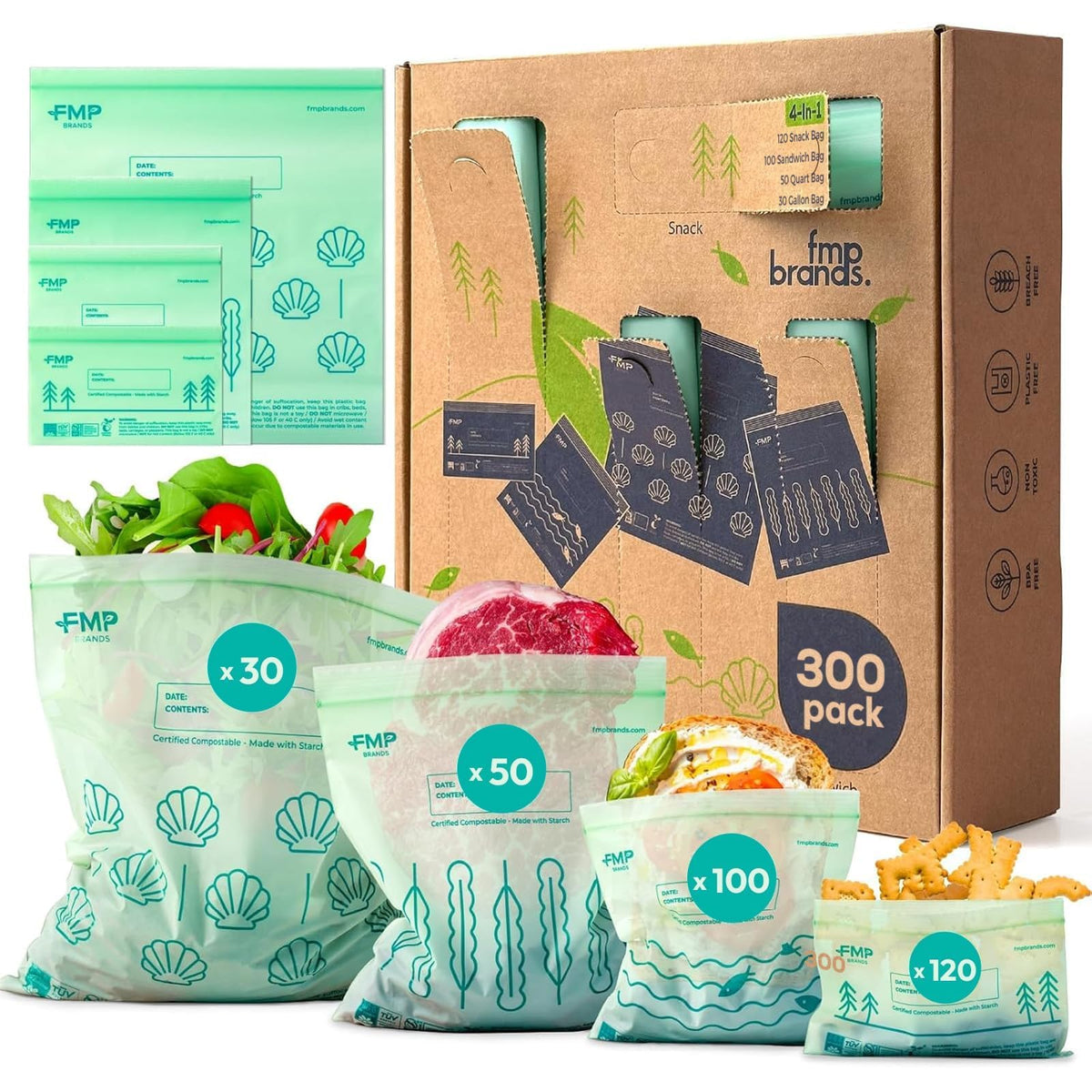 Fit Meal Prep 100% Compostable Food Storage Bags Set, Resealable Bags Plant-Based Freezer Bag for Food, ASTM D6400, US BPI & EU OK Compost Certified