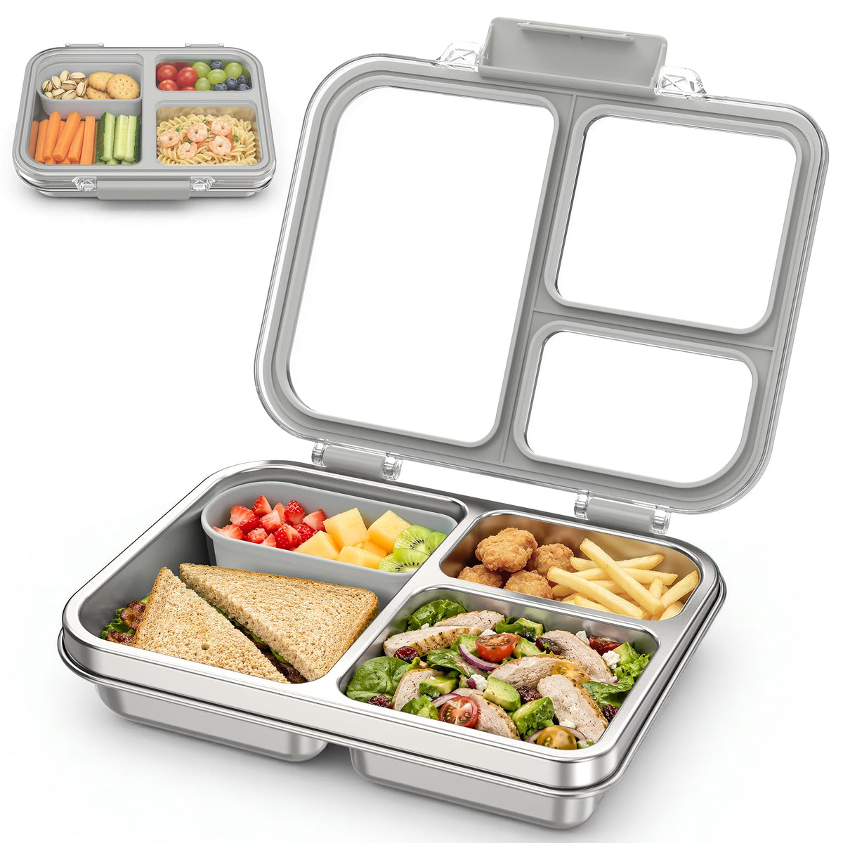 Stainless Steel Bento Box for Kids, 3-Compartment Metal Lunch Box with Clear Lid & Removable Silicone, Lunch Box Kids with Silicone Inner Container for Meal Prep, School, Office (Grey)