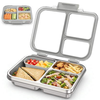 Stainless Steel Bento Box for Kids, 3-Compartment Metal Lunch Box with Clear Lid & Removable Silicone, Lunch Box Kids with Silicone Inner Container for Meal Prep, School, Office (Grey)