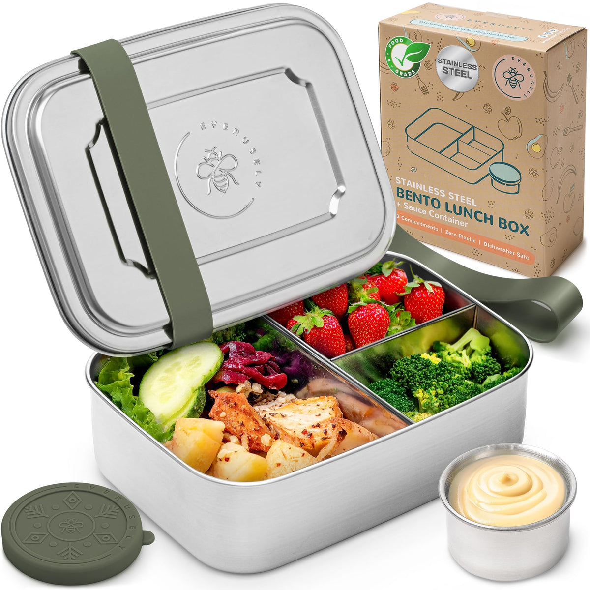 Stainless Steel Bento Box + Condiment Container - Green, 27oz / 0.8 L