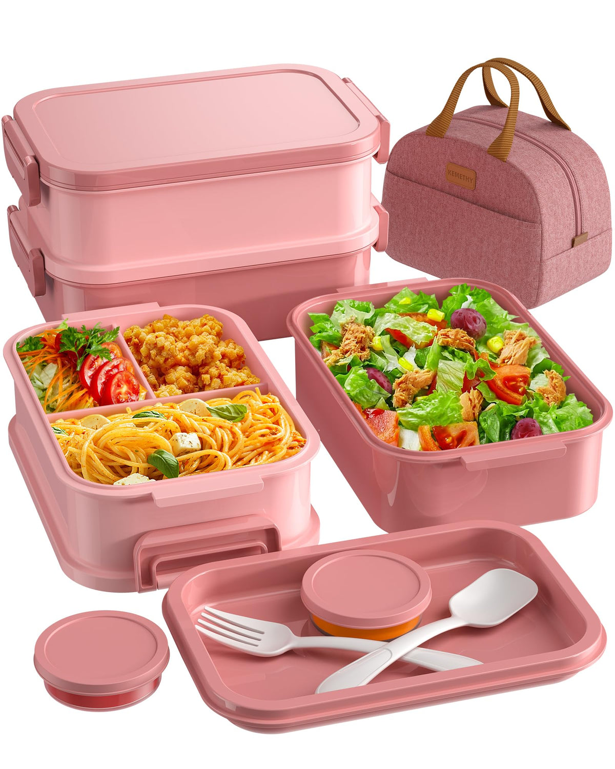 KEMETHY Adults Bento Lunch Box Set with Thermo Bag, 74oz Stackable Leak-proof 3-tiers Bento Box, Built-in Utensil and Sauce Container for Work, School, Dining Out (Green)
