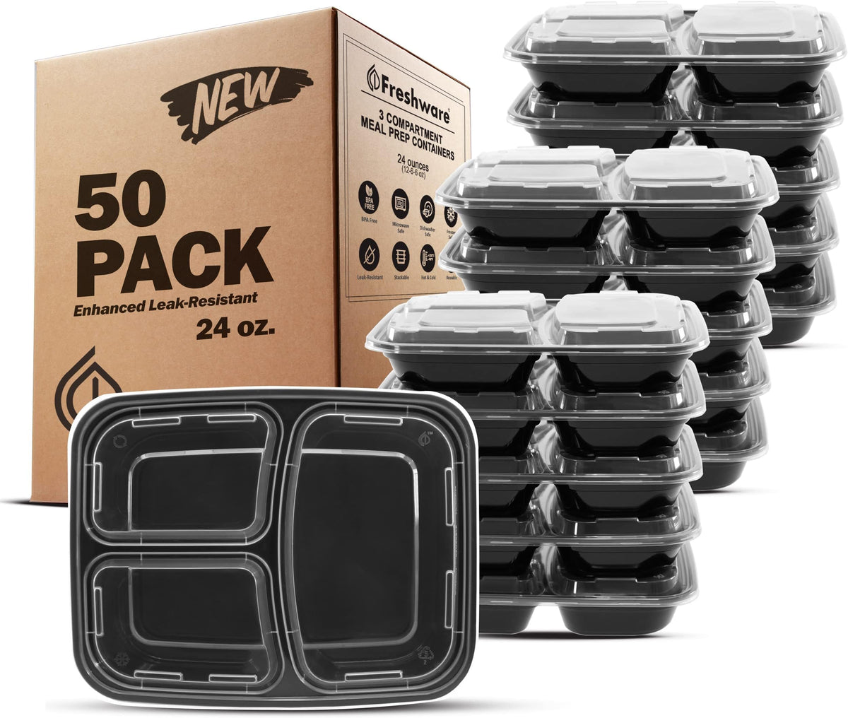 Freshware Meal Prep Containers [50 Pack] 3 Compartment Food Storage Containers with Lids, Bento Box, BPA Free, Stackable, Microwave/Dishwasher/Freezer Safe (24 oz)