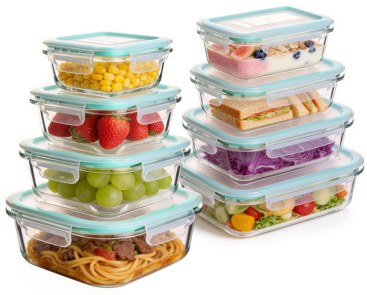 Liuruiyu 8 Pack Glass Food Storage Containers with Lids, Meal Prep Containers, Airtight Bento Boxes with Leak Proof Locking for Microwave, Oven, Freezer and Dishwasher, BPA Free