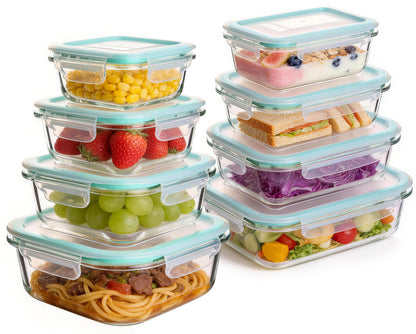 Liuruiyu 8 Pack Glass Food Storage Containers with Lids, Meal Prep Containers, Airtight Bento Boxes with Leak Proof Locking for Microwave, Oven, Freezer and Dishwasher, BPA Free