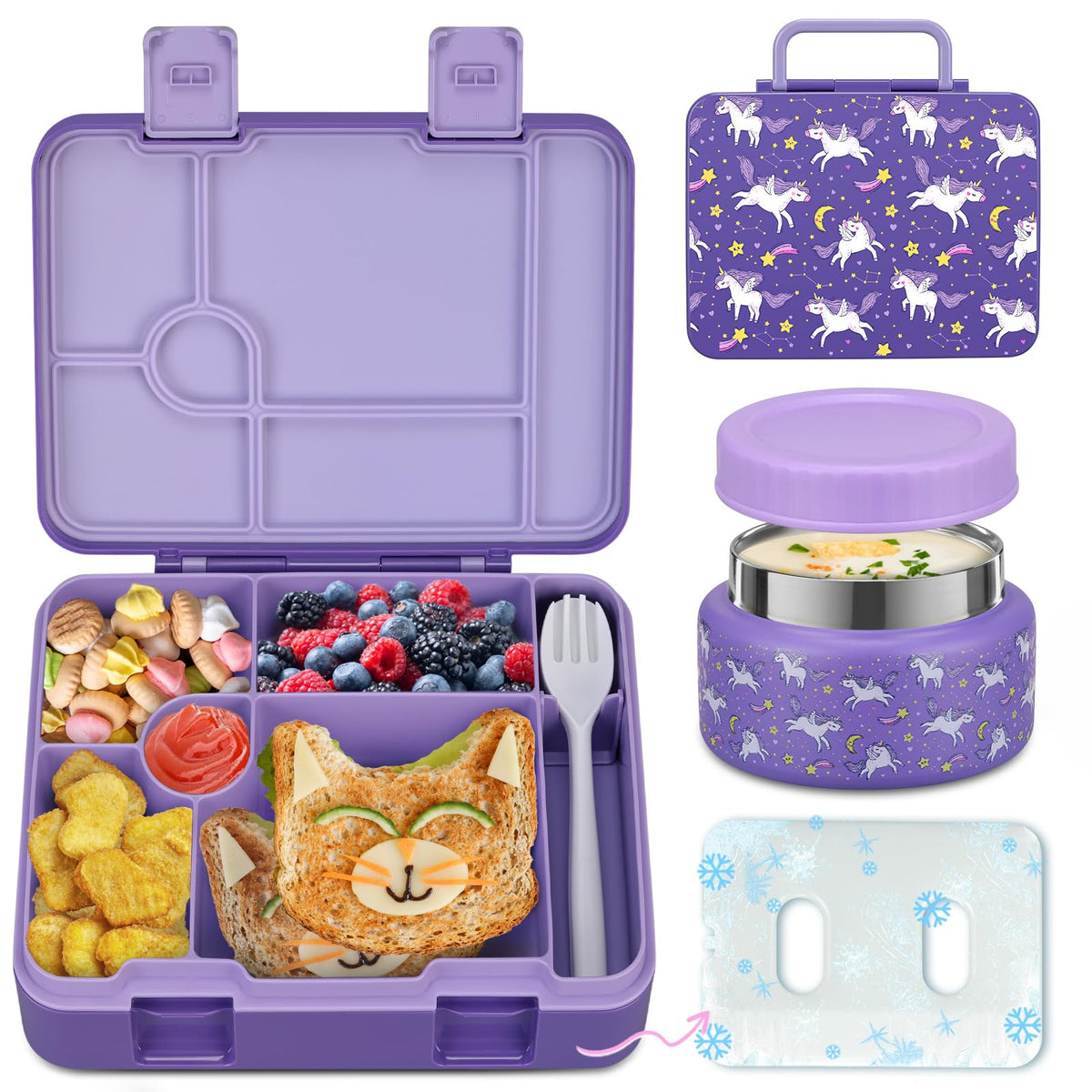 Kids Bento Lunch Box with Ice Pack, 5 Compartments Leak-Proof Bento Box with Utensils, 5.5-Cup Capacity for Adults & Ages 8+, BPA Free, Microwave & Dishwasher Safe, Pink