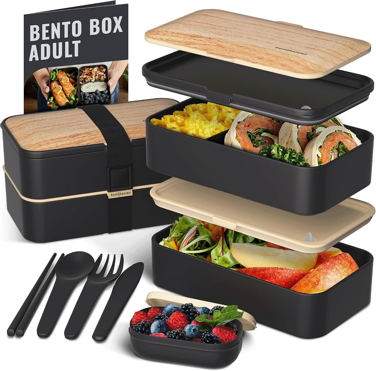 Bentoheaven Bento Box Adult, Stackable Lunch Box, 40 oz, Symph Onyx