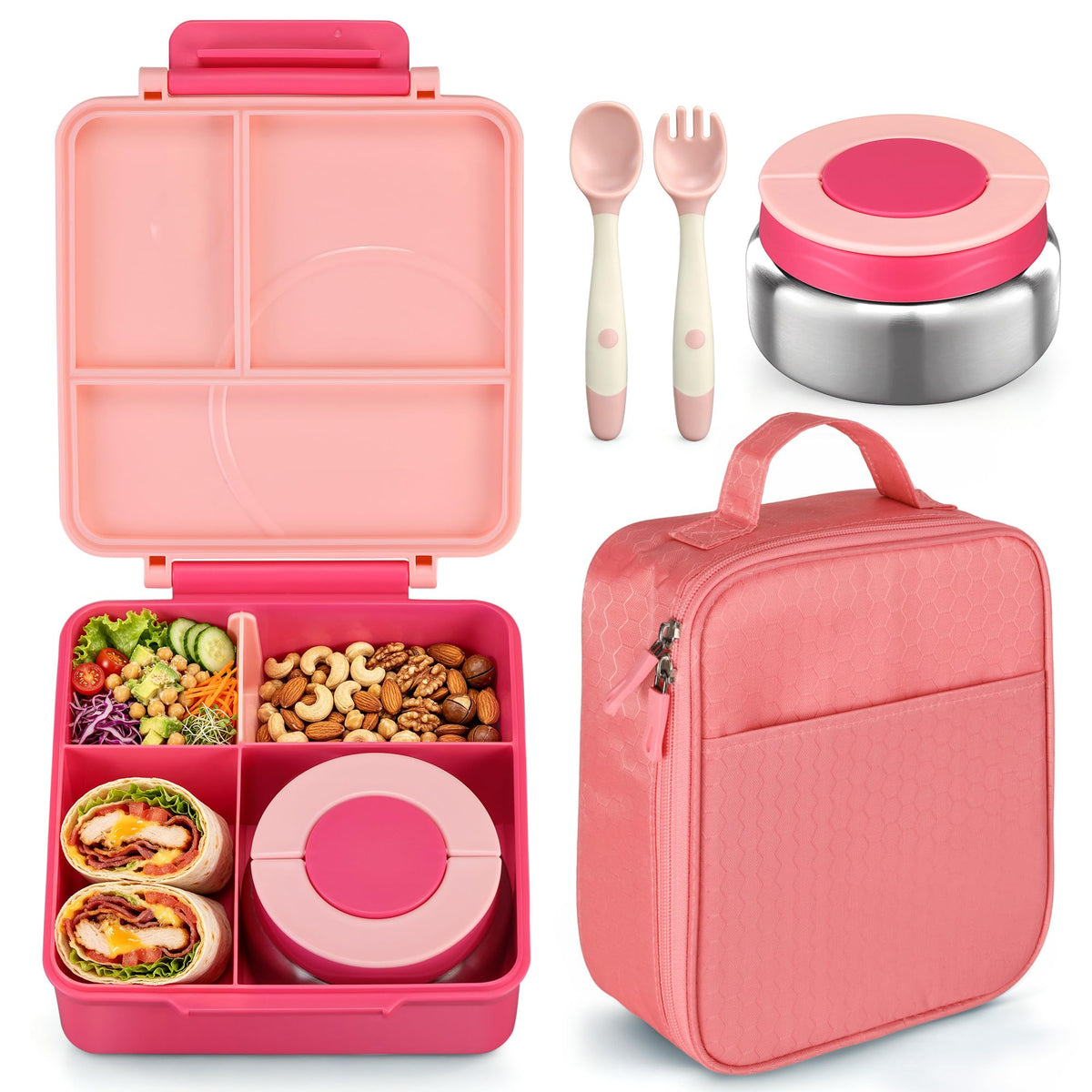 Bento Lunch Box Set for Kids with 8oz Soup Thermo, Leak-Proof Lunch Containers with 4 Compartment, Kids Thermo Hot Food Jar and Insulated Lunch Bag for Kid to School-Blue