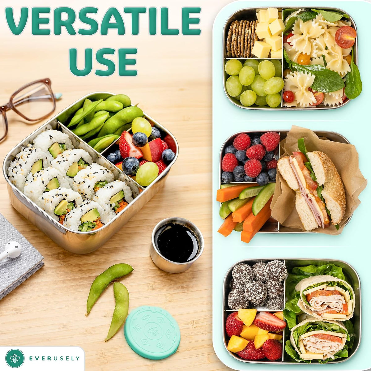 Stainless Steel Bento Box + Condiment Container - Green, 27oz / 0.8 L