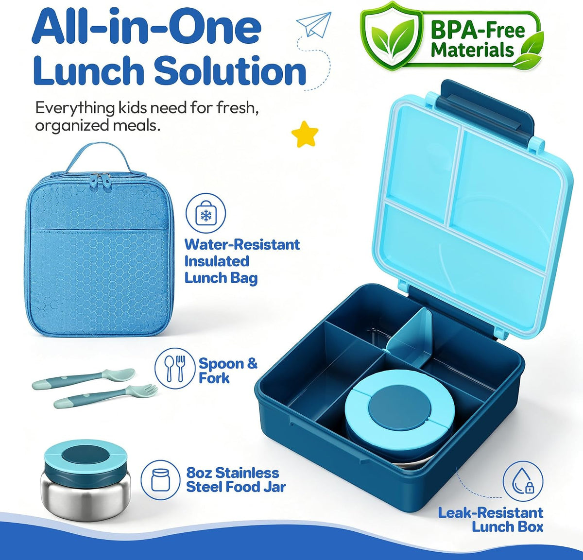 Bento Lunch Box Set for Kids with 8oz Soup Thermo, Leak-Proof Lunch Containers with 4 Compartment, Kids Thermo Hot Food Jar and Insulated Lunch Bag for Kid to School-Blue