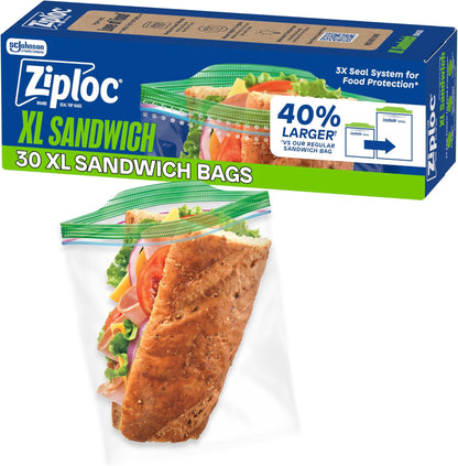 Ziploc XL Sandwich Bags, Food Storage, 90 Count (30 Count, 3-Pack)