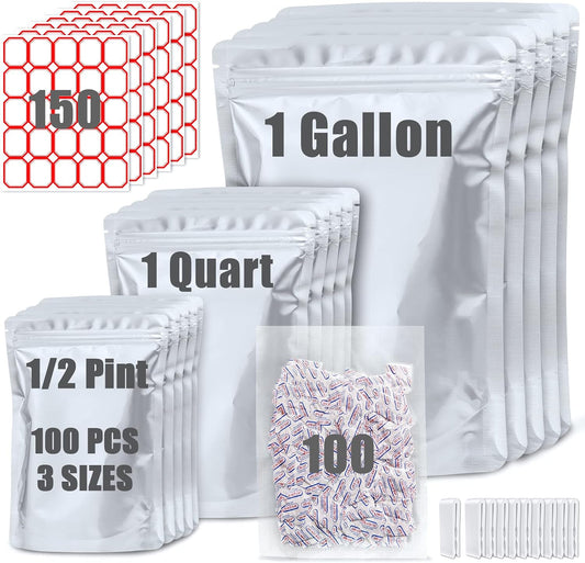 100 Pack Mylar Bags with 300cc Oxygen Absorbers for Food Storage
