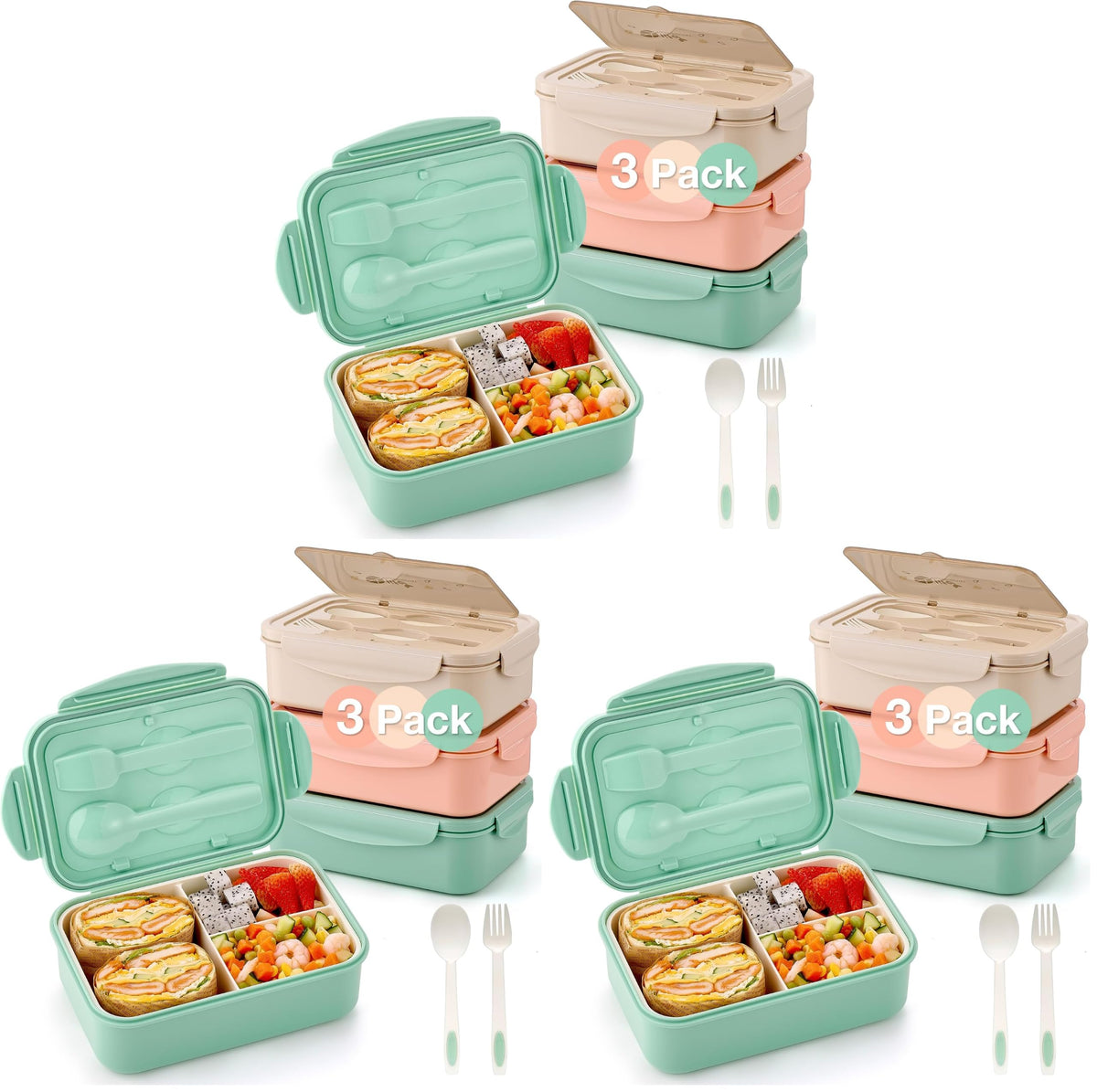 Mfacoy® 3 Pack Bento Boxes for Adults/Kids, 1100 ML Bento Lunch Box With Spoon & Fork, Lunch Box Containers, Bento Box for Dining Out, Work, Picnic, BPA-Free, Microwave & Dishwasher Safe