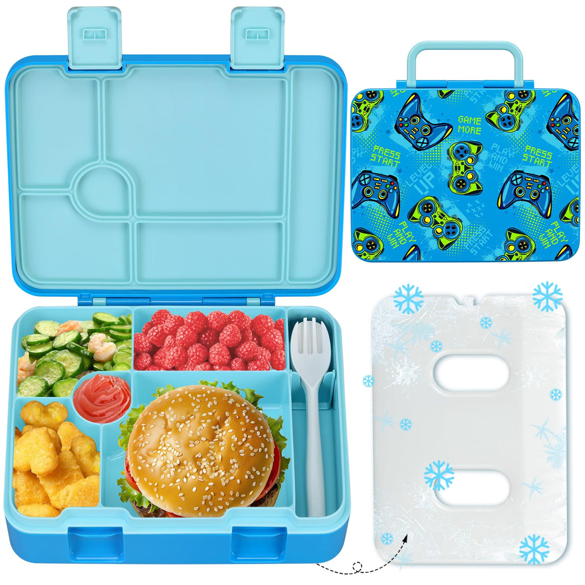 Kids Bento Lunch Box with Ice Pack, 5 Compartments Leak-Proof Bento Box with Utensils, 5.5-Cup Capacity for Adults & Ages 8+, BPA Free, Microwave & Dishwasher Safe, Pink