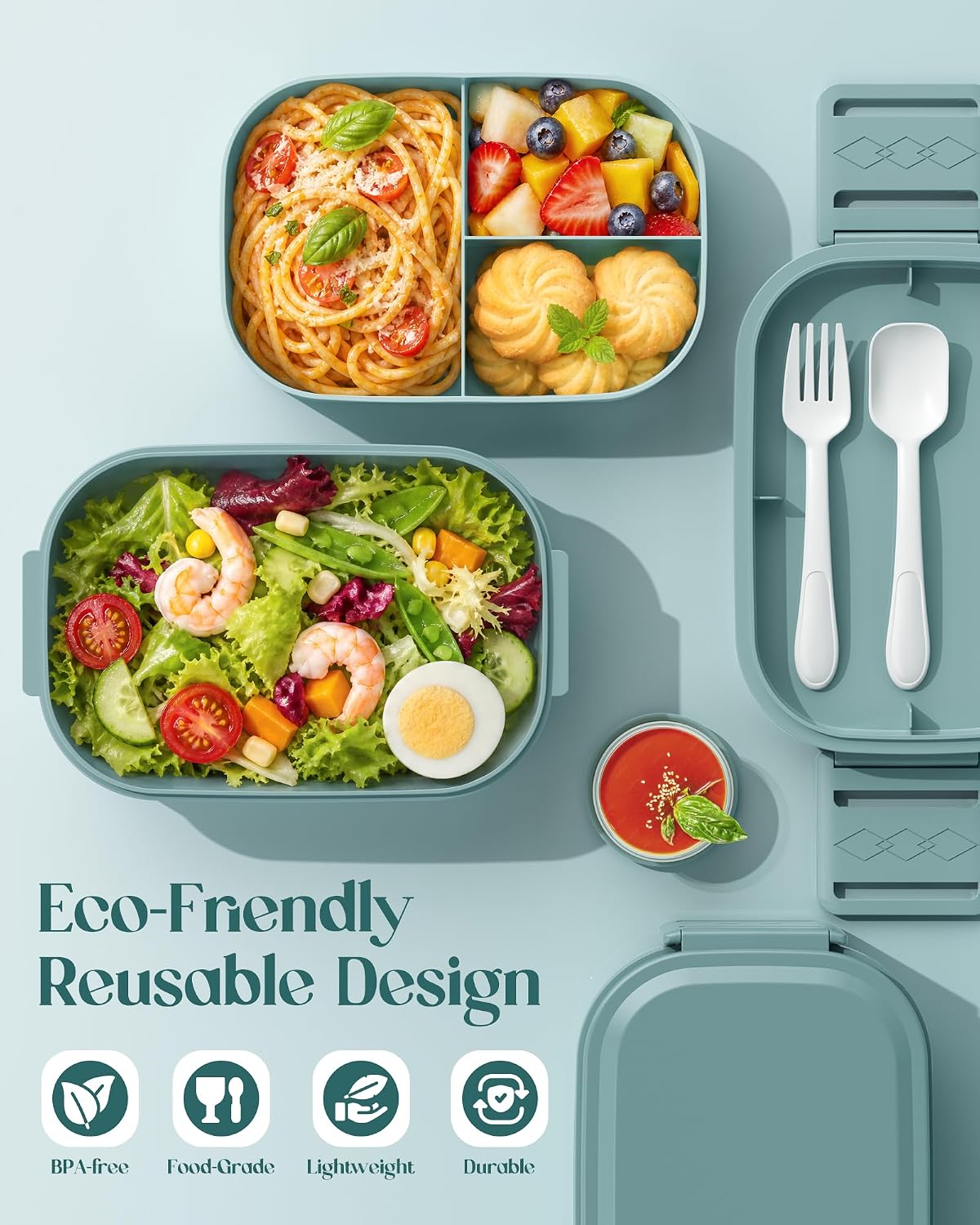 Bento Lunch Box, 65 oz 3-Tier Stackable Lunch Container, Adjustable 2/3 Tier Design, BPA-Free Food-Grade Plastic, Leakproof, Microwave & Dishwasher Safe, Green