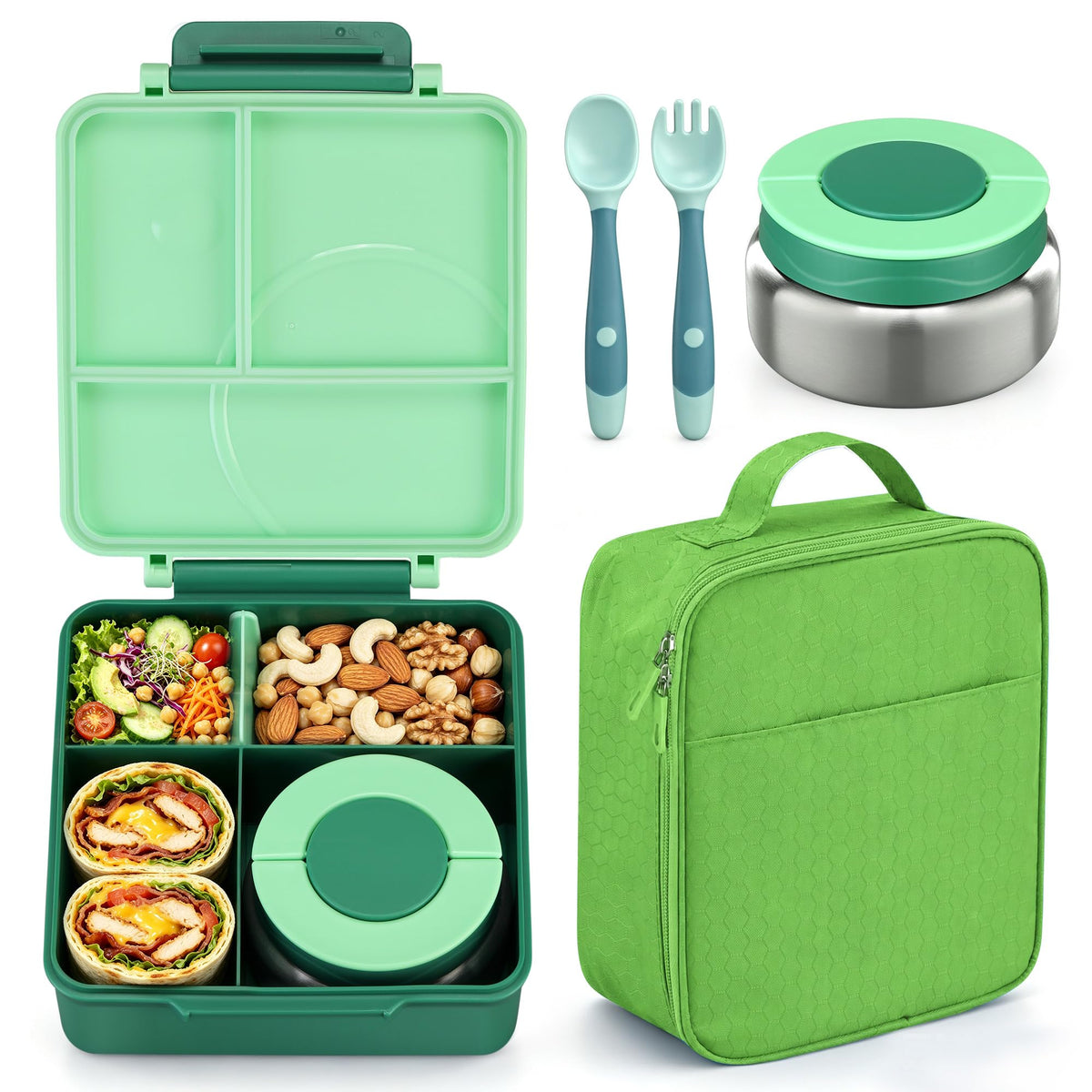 Bento Lunch Box Set for Kids with 8oz Soup Thermo, Leak-Proof Lunch Containers with 4 Compartment, Kids Thermo Hot Food Jar and Insulated Lunch Bag for Kid to School-Blue