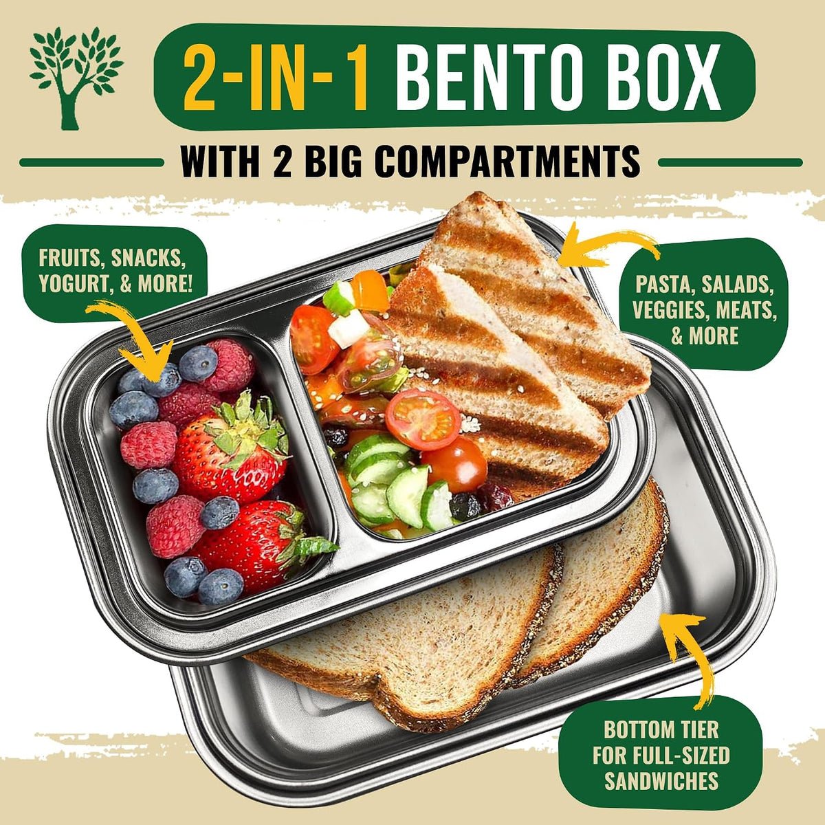 GreenLunch Stainless Steel Bento Box for Adults & Teens, 6 Cup, Brown