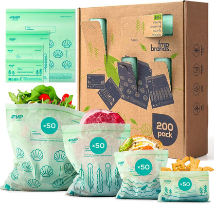 Fit Meal Prep 100% Compostable Food Storage Bags Set, Resealable Bags Plant-Based Freezer Bag for Food, ASTM D6400, US BPI & EU OK Compost Certified