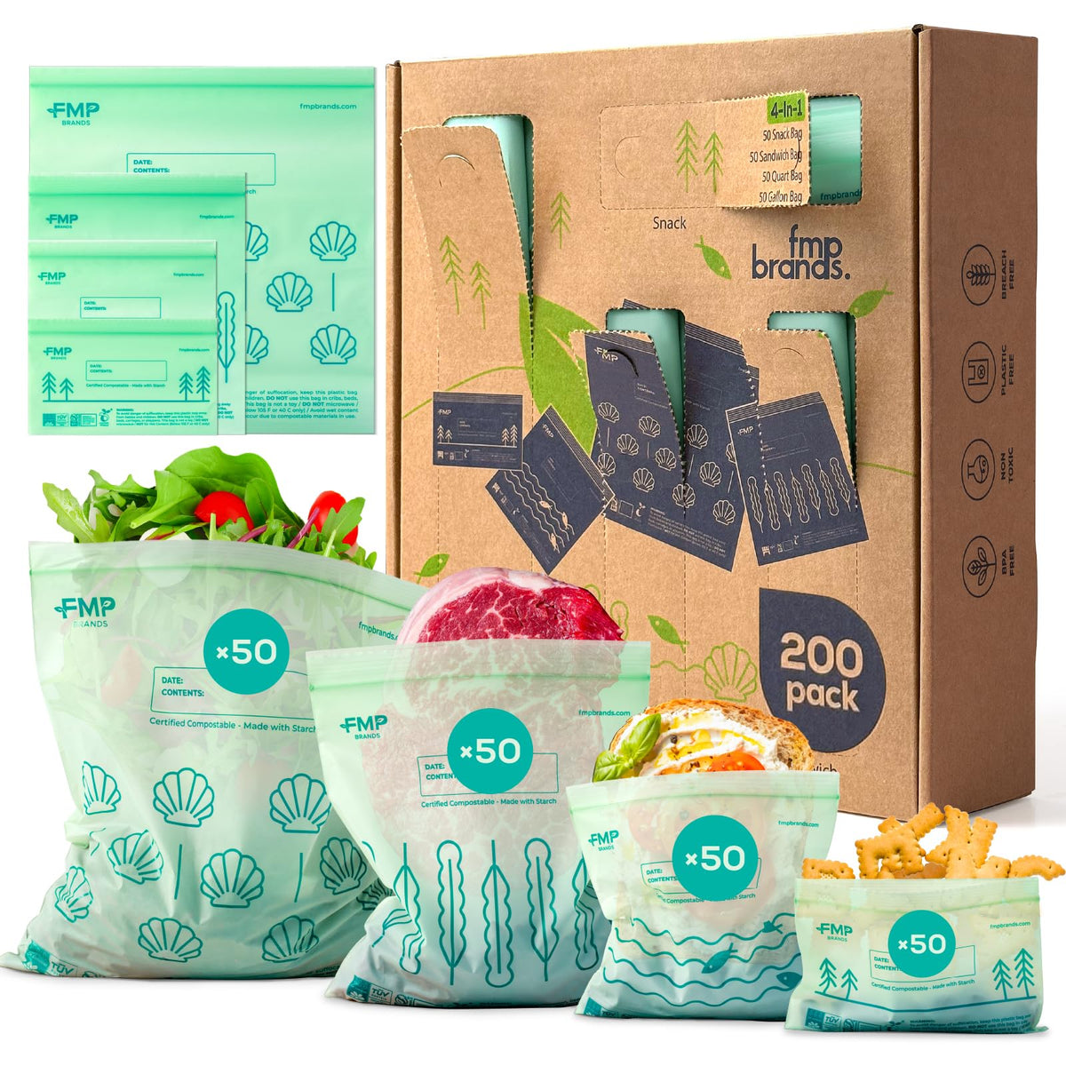 Fit Meal Prep 100% Compostable Food Storage Bags Set, Resealable Bags Plant-Based Freezer Bag for Food, ASTM D6400, US BPI & EU OK Compost Certified