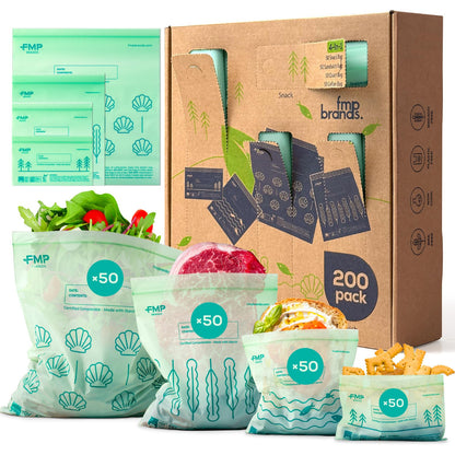 Fit Meal Prep 100% Compostable Food Storage Bags Set, Resealable Bags Plant-Based Freezer Bag for Food, ASTM D6400, US BPI & EU OK Compost Certified